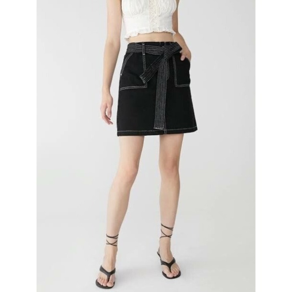 Sandro Paris Black Denim Mini Skirt 1 Small Belted Pockets A-Line Minimalist